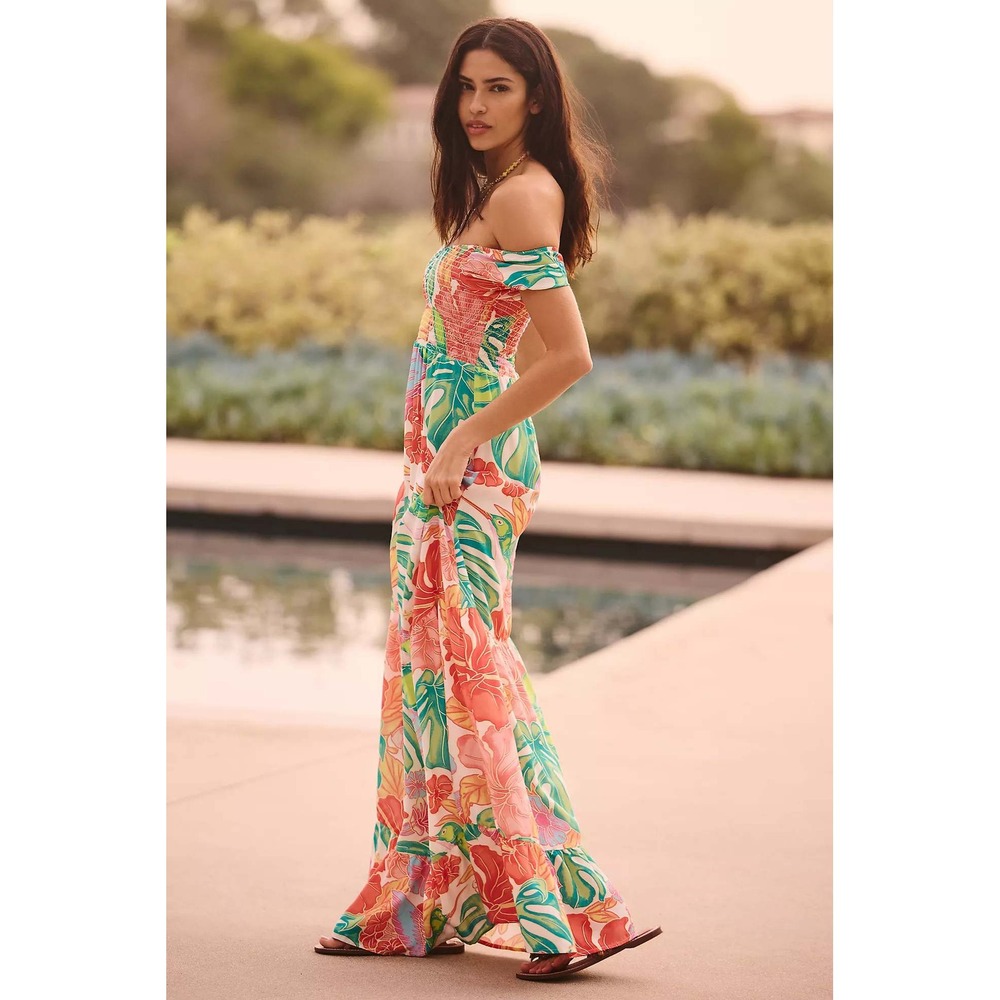 MAAJEI Sky Garden Jillian Dress M Smocked Puff Sleeve Tropical Maxi Resort Palm